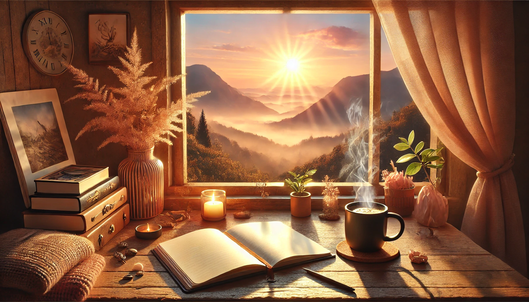 Warm, inspirerend, ochtendlicht, houten bureau, notitieboek, koffie, raam, bergen, rust, creativiteit